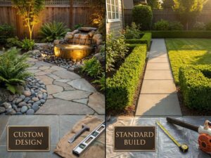 Vergelijking van luxe aangepaste tuin met gebogen paden en waterpartijen versus standaard tuin met rechte tegels