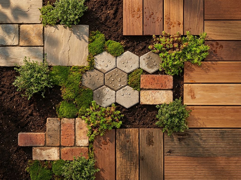 Duurzame tuinbestrating materialen van natuursteen, beton, gerecyclede baksteen en hout met planten en waterdruppels