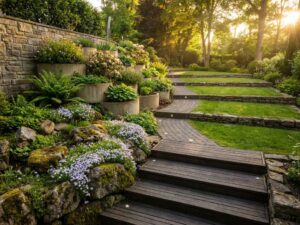 Meerlaagse tuin met zes hoogteverschil-oplossingen: stenen keermuren, terrassen, rotsen, houten decking en hellingen