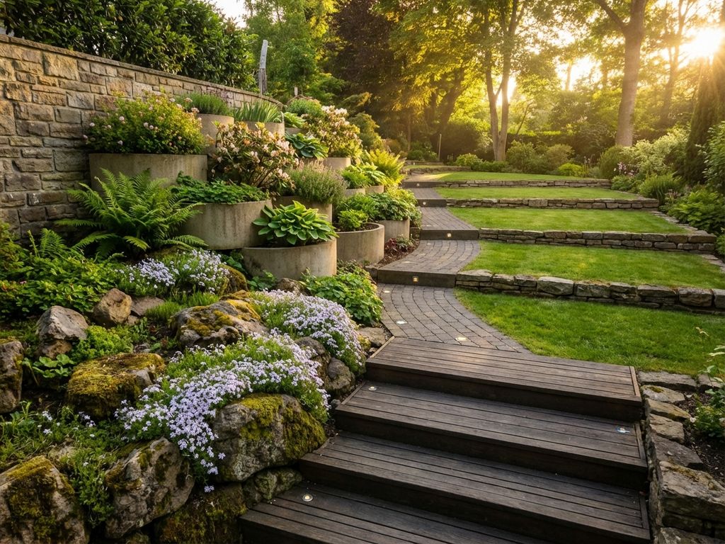 Meerlaagse tuin met zes hoogteverschil-oplossingen: stenen keermuren, terrassen, rotsen, houten decking en hellingen
