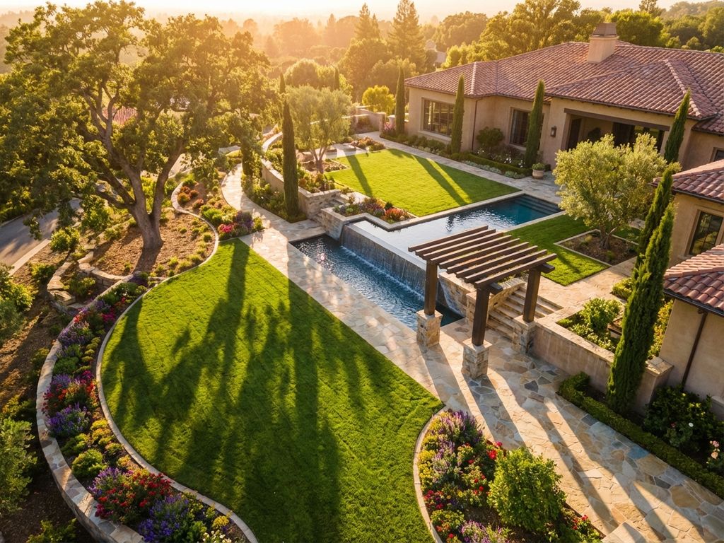 Luchtfoto van luxe villa met professioneel landschapsontwerp, natuurstenen paden, waterpartij en pergola's