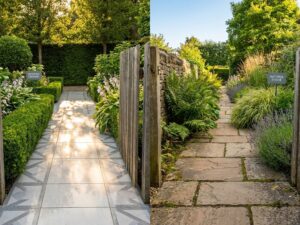 Vergelijking van keramische tegels en natuursteen bestrating in moderne tuin met groene beplanting