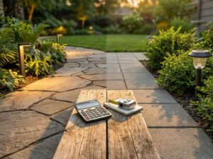 Tuinbudget vergelijking: dure natuursteen paden en exotische planten versus goedkope tegels en standaard struiken