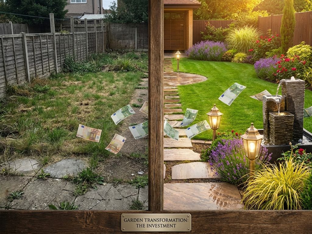 Voor en na tuinrenovatie: verwaarloosde tuin links, moderne landschapsarchitectuur rechts met euro bankbiljetten