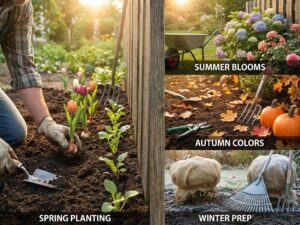 Tuinseizoenentransformatie: lente aanplant met zaailingen links, zomer bloemen en herfst kleuren rechts, tuingereedschap
