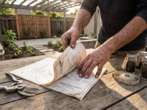 Verweerde handen houden tuinontwerp blauwdrukken vast boven houten tafel met tuingereedschap en plantmonsters