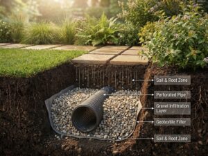 Dwarsdoorsnede van moderne tuindrainagesysteem met ondergrondse geperforeerde buizen, grind en waterafvoer onder landschap
