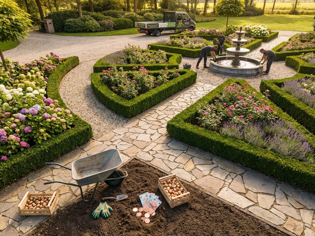 Luchtfoto van luxe aangelegde tuin in Overijsel met natuursteen paden, heggen en bloembedden plus euro munten in grond