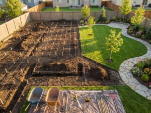 Luchtfoto van achtertuin tijdens landschapsarchitectuur transformatie met gereedschap en plantenbedden