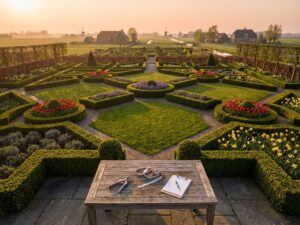 Luchtfoto van geometrische Nederlandse tuin in Overijssel met tuingereedschap op houten tafel tijdens gouden uur