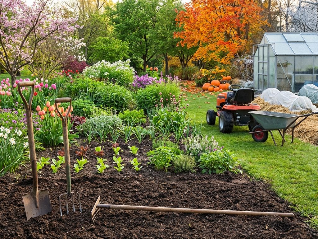 Tuinscène met vier seizoenen: omgewerkte aarde, zaailingen, bloesems en tuingereedschap op gemanicuurd gras