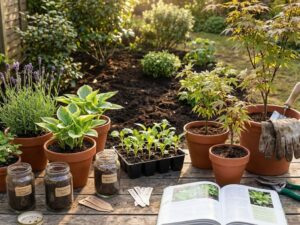 Tuinplanning tafel met potplanten, zaailingen en tuingereedschap in zonnige tuin met rijke donkere grond