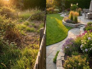 Voor en na tuintransformatie: van verwaarloosde tuin met onkruid naar professioneel aangelegde tuin met paden en verlichting