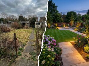 Voor en na tuintransformatie: verwaarloosde tuin met onkruid links, prachtig gerenoveerde tuin met groen gazon rechts