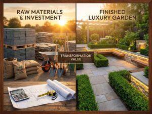 Tuintransformatie voor en na: ruwe materialen links, luxe afgewerkte tuin met stenen paden en verlichting rechts