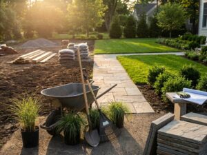 Tuintransformatie in uitvoering met natuurstenen paden, groen gazon en professionele tuingereedschappen in gouden licht