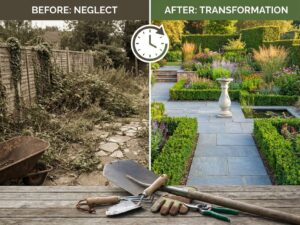 Tuintransformatie voor en na: verwaarloosde tuin met onkruid wordt professioneel aangelegde tuin met stenen paden