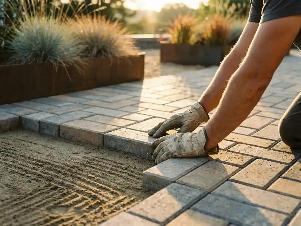 Handen van tuinarchitect plaatsen betonnen tegels in visgraatpatroon op zand, met siergrassen en stalen plantenbakken op achtergrond