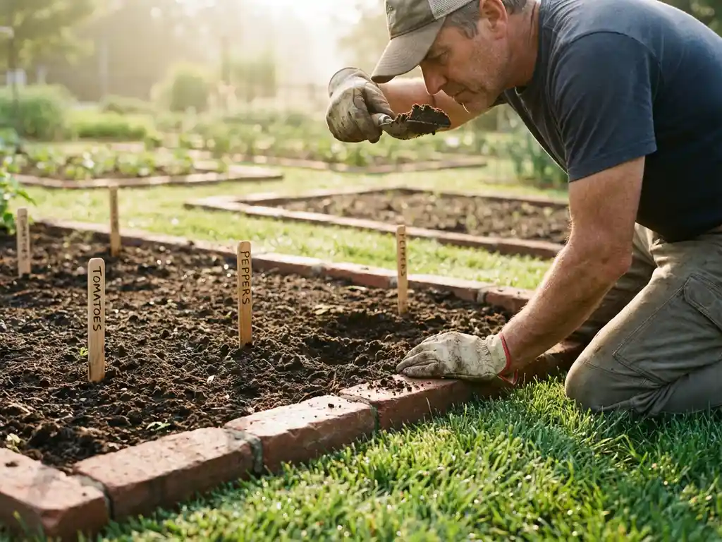 Professionele tuinman onderzoekt grondkwaliteit met handschepje naast keurig aangelegde tuinbedden met bakstenen randen