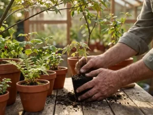 Professionele hovenier plant jonge esdoornzaailing in donkere grond, omringd door gezonde planten in terracotta potten