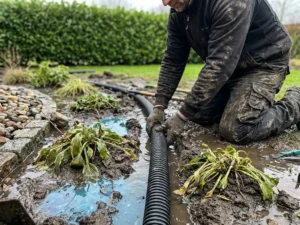 Professionele hovenier installeert geperforeerde drainagepijp in overstroomde tuinborder met waterplassen rond planten
