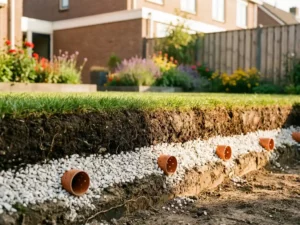 Dwarsdoorsnede van tuin toont drainagelagen onder groen gras met wit grind, geperforeerde buizen en donkere grond