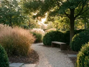 Nederlandse tuin met droogteresistente siergrassen langs grindpad, inheemse coniferen, houten bank onder schaduwbomen