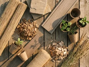 Acht duurzame tuinmaterialen op verweerde houten planken, waaronder bamboe screening, natuursteen tegels, kurkmulch en zaailingen in biologisch afbreekbare potten