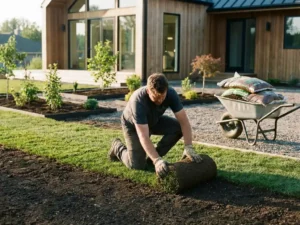 Professionele hovenier legt verse graszoden op donkere grond voor modern huis met geometrische tuinbedden en kruiwagen