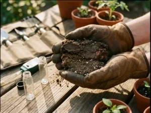 Tuinhandschoenen onderzoeken gelaagde grond met klei, leem en zand, naast zaailingen en bodemtestkit op houten planken