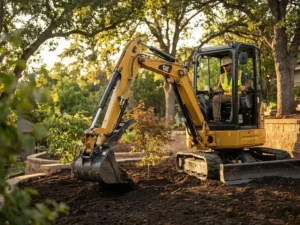 Professionele tuinman bedient compacte graafmachine bij het aanleggen van grond rond nieuw geplante sierbomen in residentiële tuin