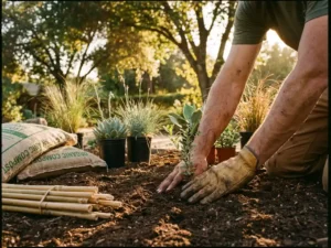 Professionele handen planten inheemse zaailingen in donkere grond met bamboe stokken en compost tijdens gouden uur