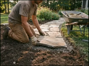 Landschapsarchitect legt natuurstenen tegels op vers bereide grond, kruiwagen met zand en gereedschap nabij gedeeltelijk voltooid tuinpad