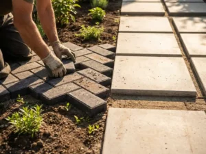 Professionele hovenier legt natuurstenen klinkers in visgraatpatroon naast betonnen tegels, met groene beplanting en warme zonnestralen