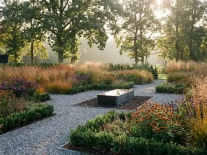 Nederlandse tuin met droogtebestendige siergras en coniferen in geometrische patronen, grindpaden en onderhoudsarme vaste planten