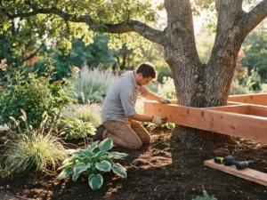 Tuinier installeert houten pergola rond volwassen eikenboom met verse cederhouten balken en nieuw aangeplante hostas