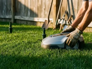 Tuinman bedient robotmaaier op perfect groen gazon met slimme sproeiers en traditionele tuingereedschap