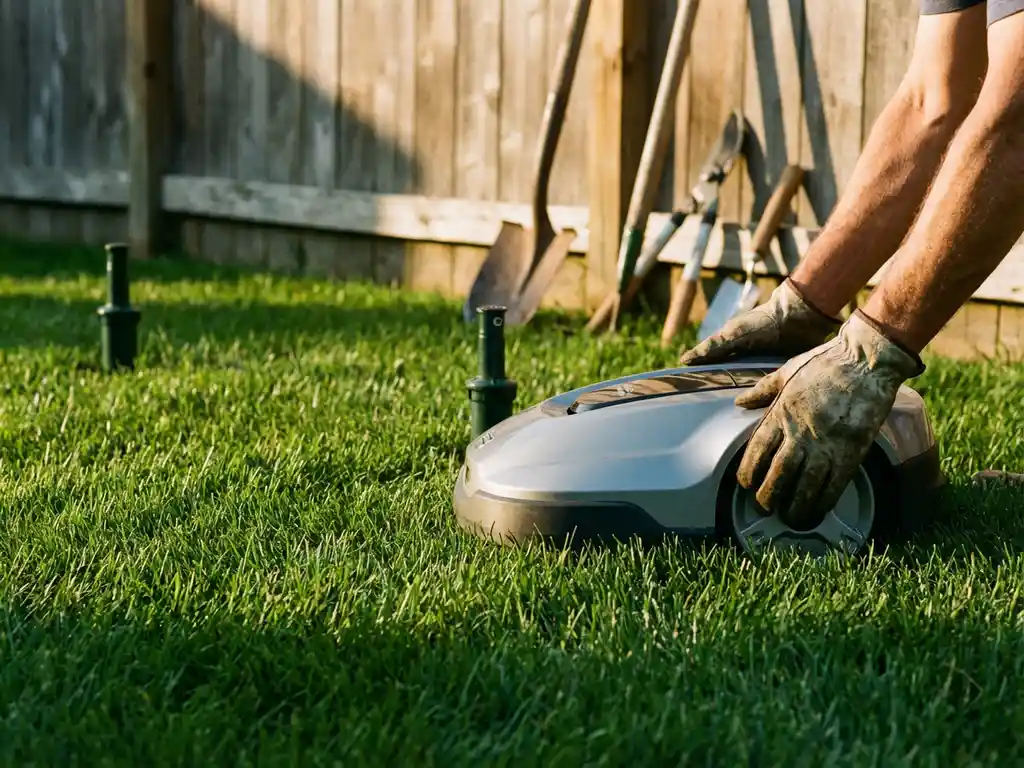 Tuinman bedient robotmaaier op perfect groen gazon met slimme sproeiers en traditionele tuingereedschap