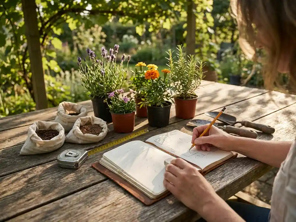 Handen schetsen tuinontwerp in leren notitieboek op houten tuintafel met plantmonsters, grondstalen en tuingereedschap