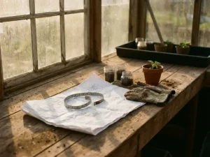 Verweerde houten tuinplantafel met architecturale schetsen, meetlint en grondmonsters, leren werkhandschoenen naast zaailing in kas