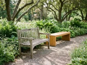 Verweerde houten tuinbank van gerecycled teakhout naast moderne bamboe composiet bank op grindpad met groene beplanting