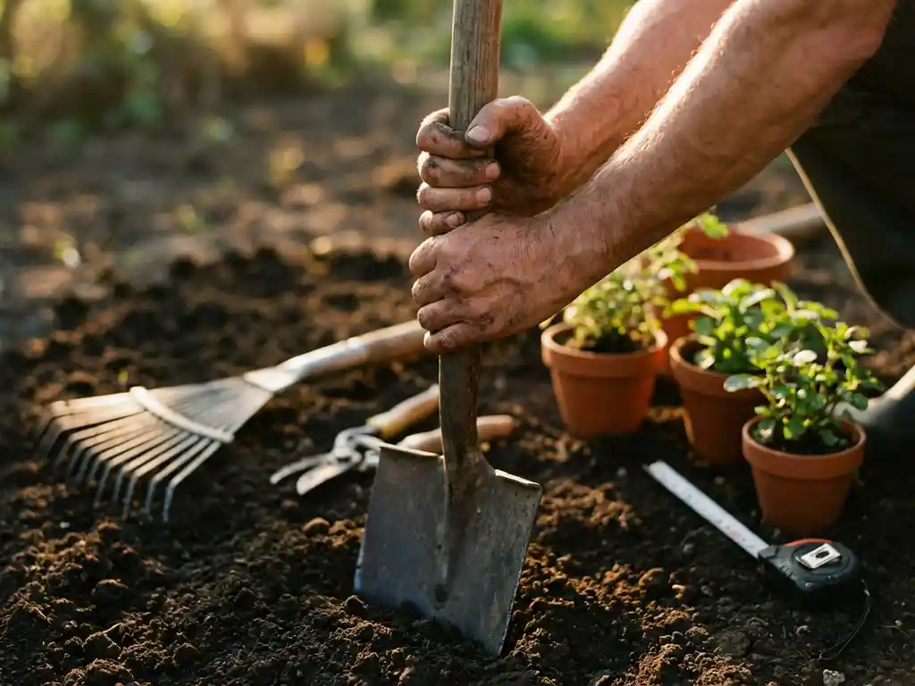 Verweerde handen van tuinman grijpen houten spadehandvat, omringd door tuingereedschap op donkere grond