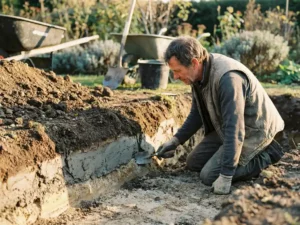 Professionele tuinman onderzoekt gelaagde grondprofiel met klei en zandlagen in natuurlijke tuinomgeving