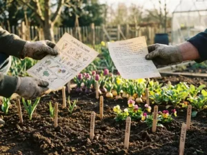 Tuinierhandschoenen houden seizoensplantkalender boven donkere aarde met plantmarkeertjes en kleurrijke voorjaars- en herfstplanten in rijen