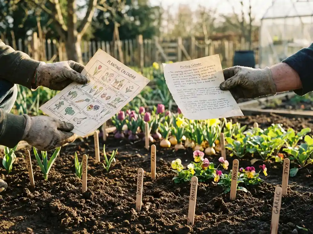 Tuinierhandschoenen houden seizoensplantkalender boven donkere aarde met plantmarkeertjes en kleurrijke voorjaars- en herfstplanten in rijen