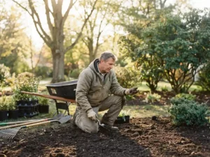 Professionele tuinman onderzoekt grondkwaliteit knielend in tuin met gereedschap en plantmateriaal, warme avondverlichting door bladeren