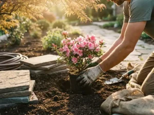Professionele hovenier plant kleurrijke bloeiende struik in donkere grond tussen natuurstenen paden in warme namiddagzon