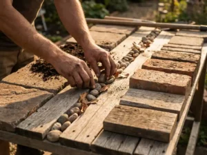Landschapsarchitect ordent tuinmaterialen op verweerde houten planken: natuursteen, donkere grond, terracotta stenen en houtsamples