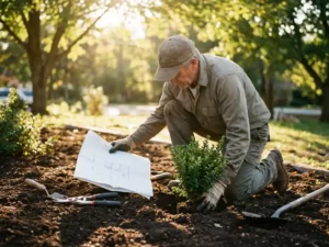 Vakkundige tuinman knielt op donkere grond en plant groene struik terwijl hij tuinplannen bestudeert, gereedschap verspreid in gouden zonlicht