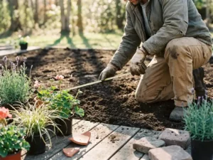 Professionele tuinarchitect meet tuinafmetingen met meetlint op donkere grond, kleurige plantmonsters en materiaalstalen op houten planken